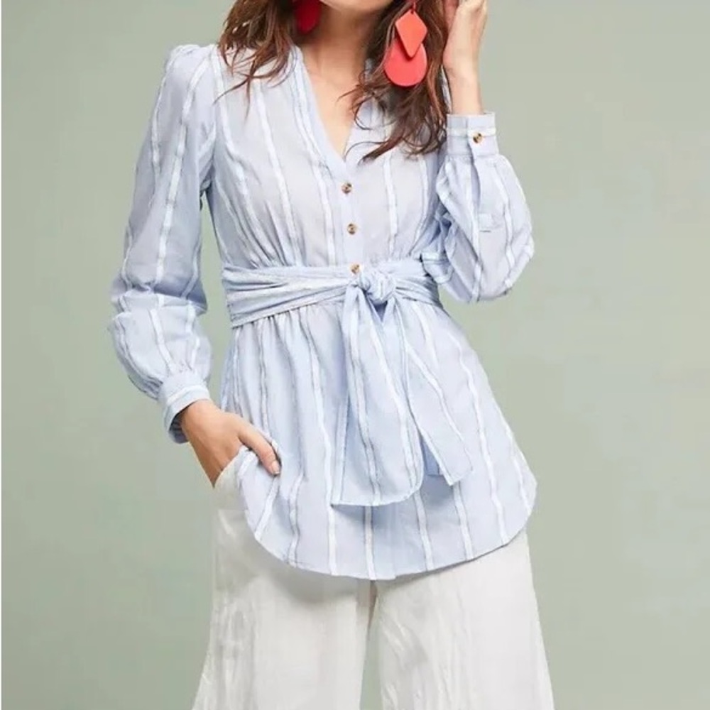 Anthropologie Building 18 Womens Blue White Striped V Neck Tie Shirt Top